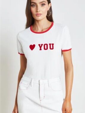 NWOT L'agence tommy crewneck white and Red 'Love You' Graphic Ringer Tee -